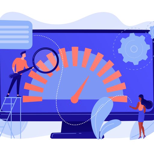 Tiny business people look at product performance indicator. Benchmark testing, benchmarking software, product performance indicator concept. Pinkish coral bluevector isolated illustration